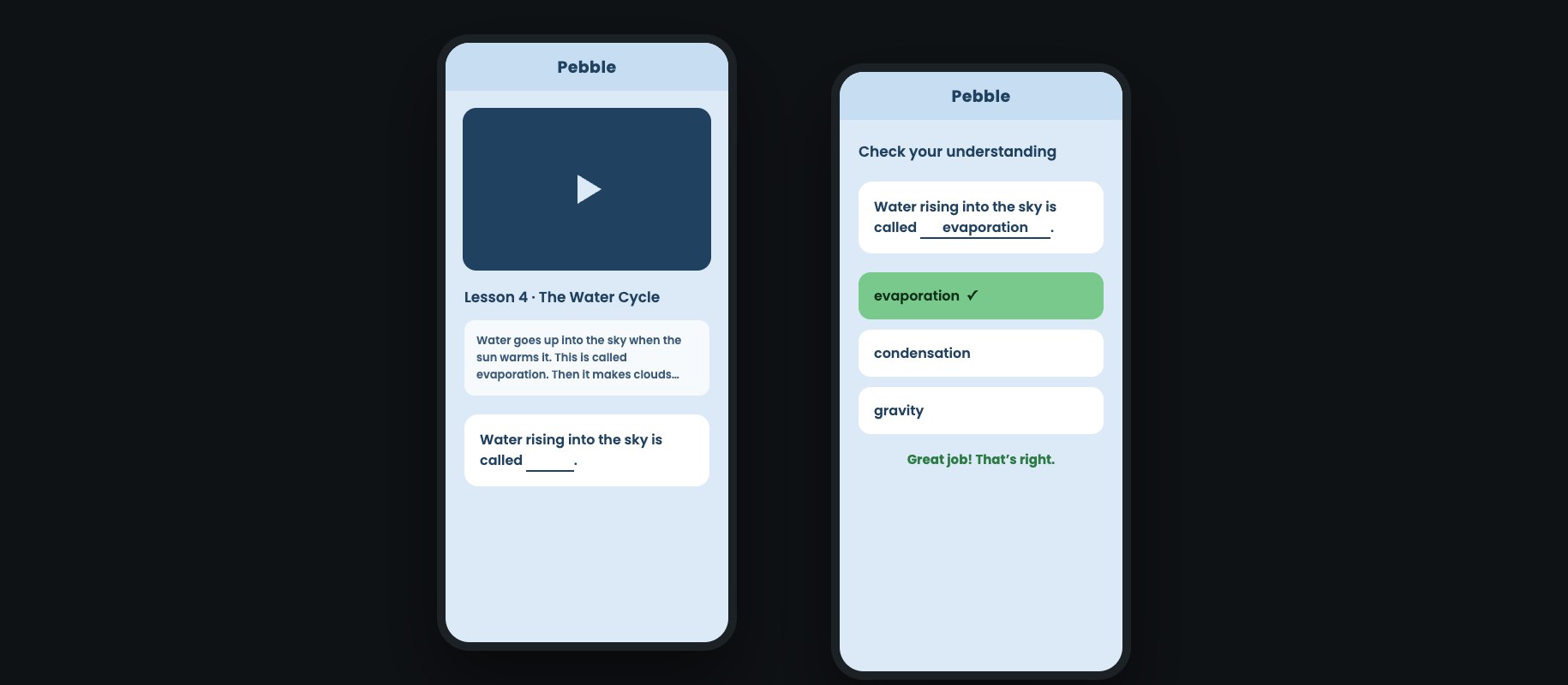 Two phone screens of Pebble: a generated video lesson on the water cycle with transcript, and a fill-in-the-blank check answered correctly