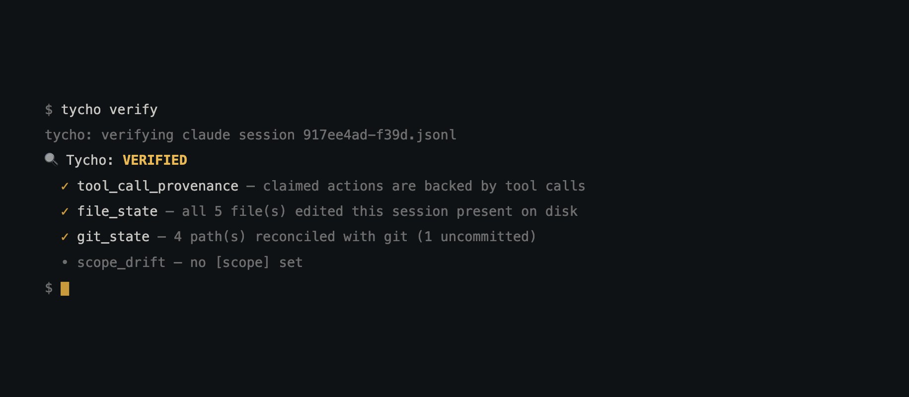Terminal capture: tycho verify returns VERIFIED, with tool-call provenance, file-state and git-state checks passing
